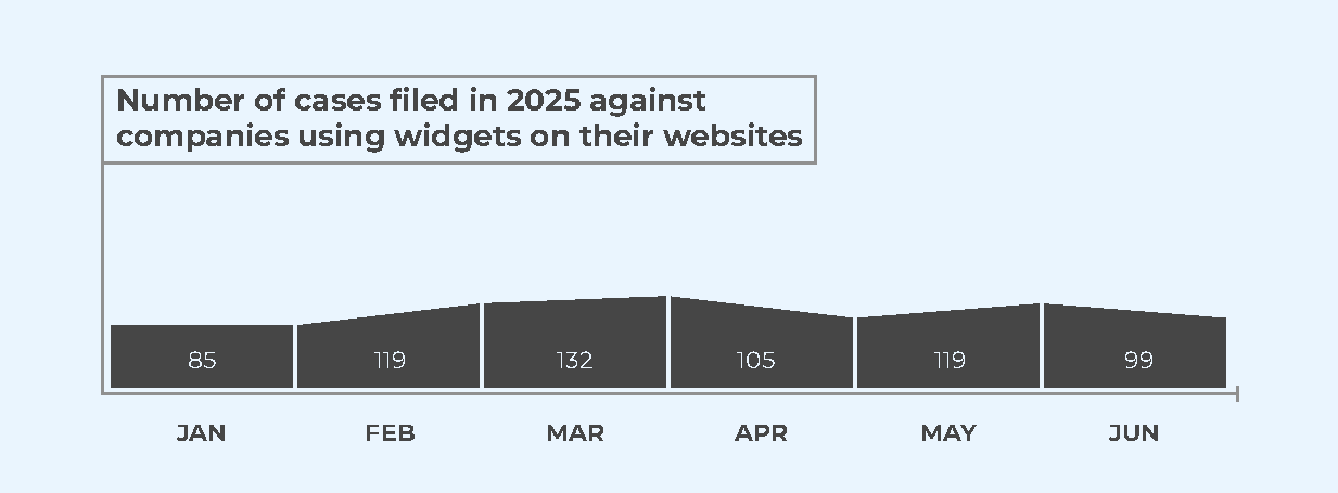 A bar graph showing the number of digital accessibility lawsuits mentioning an accessibility widget each month in 2025: JAN: 85; FEB: 119; MAR: 132; APR: 105; MAY: 119; JUN: 99.