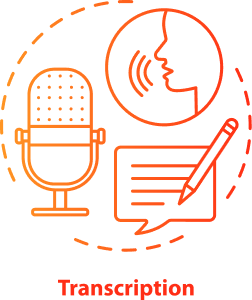 A graphic of the transcription process. A person is speaking into a microphone, and then transcribing the information.