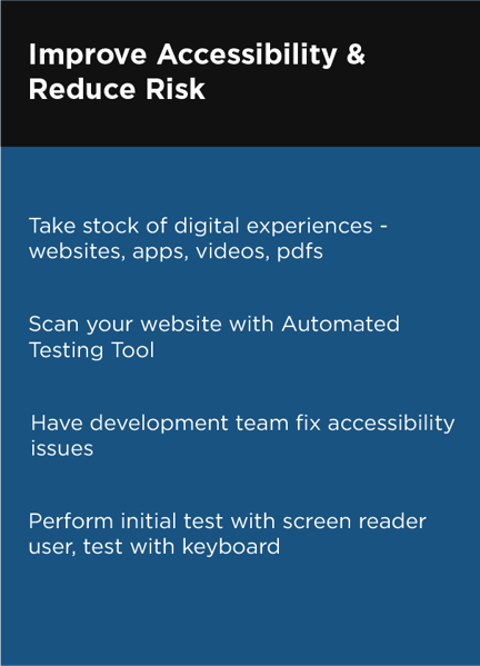 Steps You Can Take to Increase Accessibility and Reduce Legal Risk. 1. Take stock of digital experiences - websites, apps, videos, pdfs. 2. Scan your website with Automated Testing tool. 3. Have development team fix accessibility issues. 4. Perform initial test with screen reader user, test with keyboard.