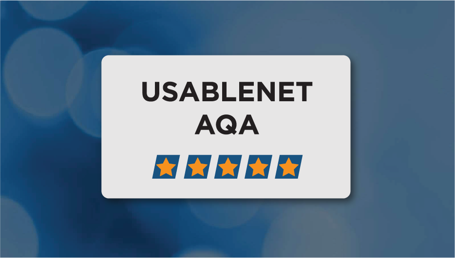 White card with the text UsableNet AQA centered on it. Under UsableNet AQA is 5 blue rectangles with orange stars centered in each rectangle. Everything is on a blue background with glare lenses.