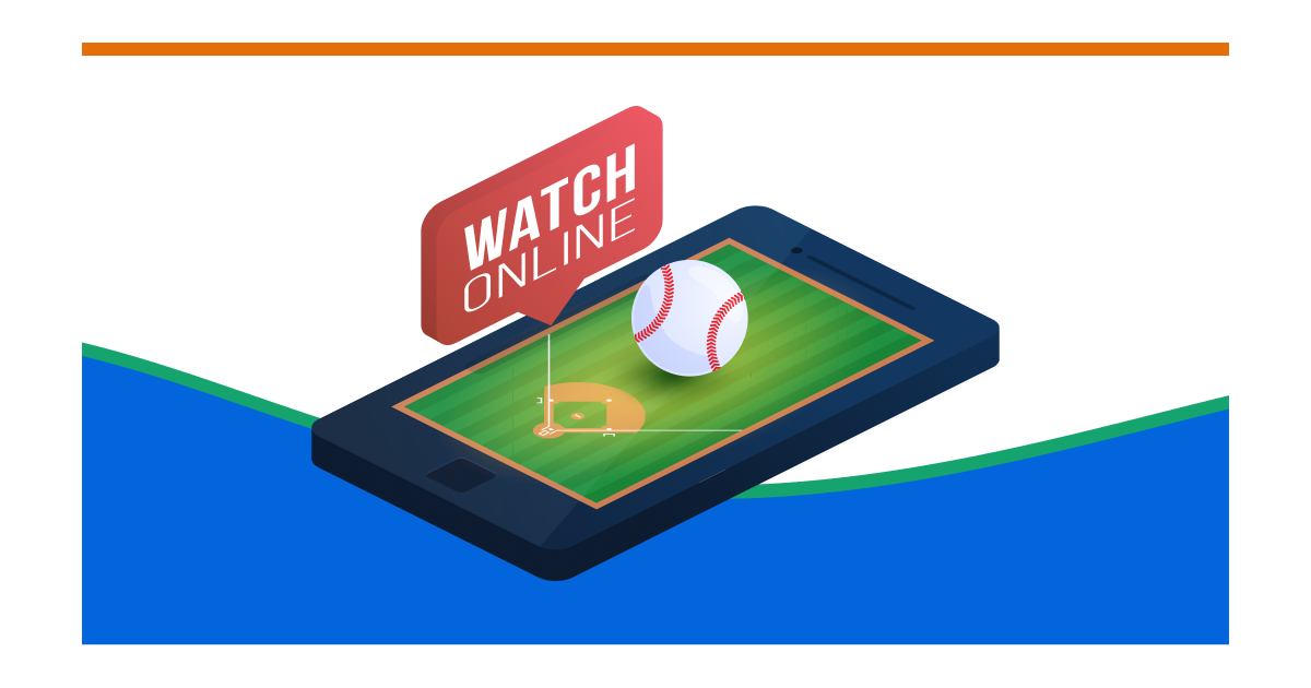 A Baseball field and a large baseball in a cellphone with a message 'Watch Online' above the phone.