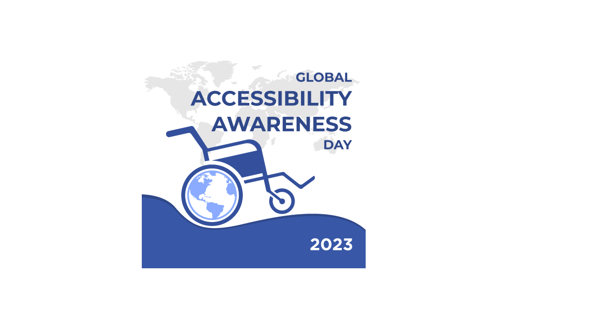 Global Accessibility Awareness Day 2023 - Blue text on a white back ground - wheelchair on a hill with the earth as the wheel. 