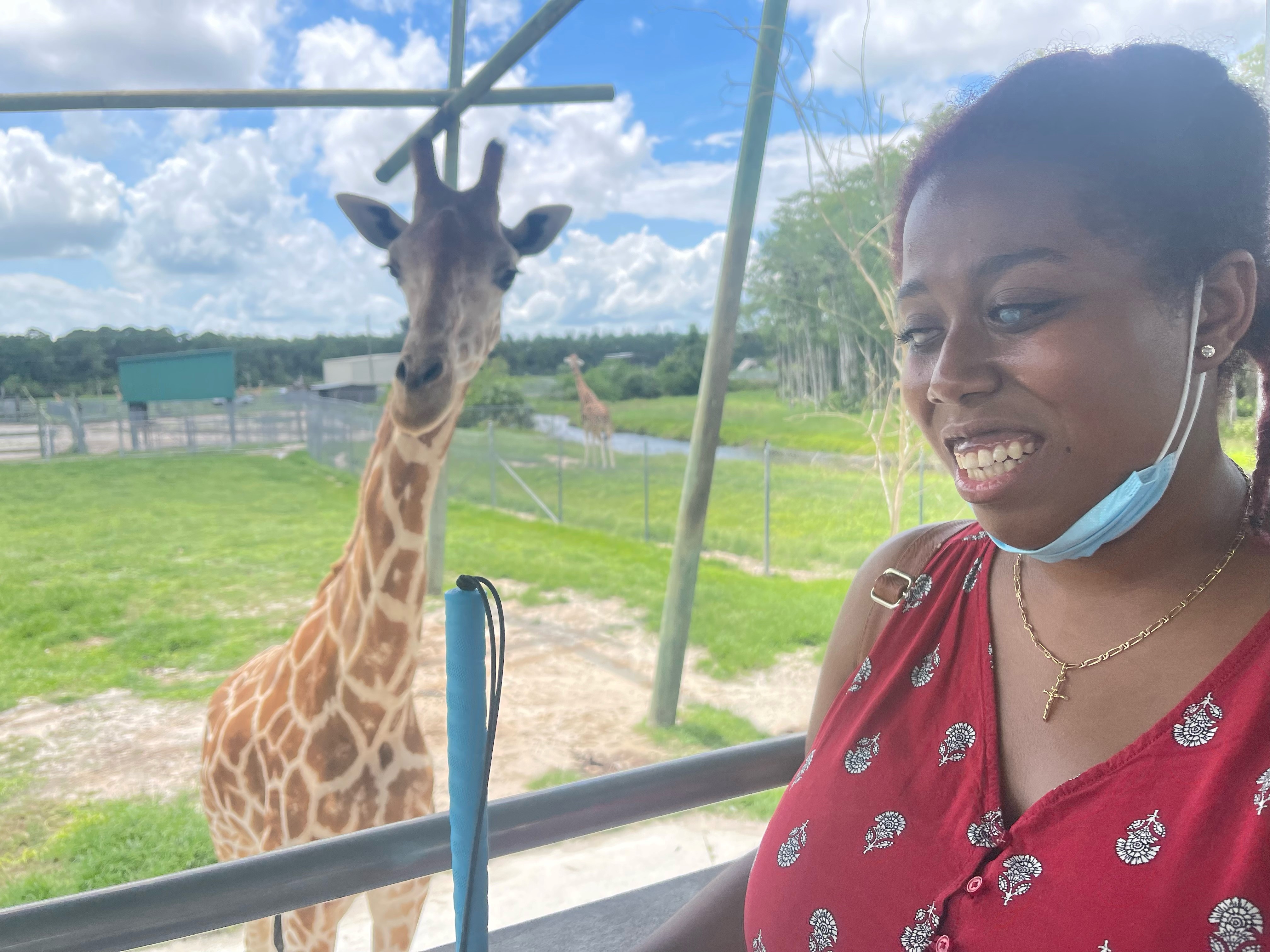 Blog writer, Lily Mordaunt, at a zoo in Fort Lauderdale, Florida with a giraffe. 
