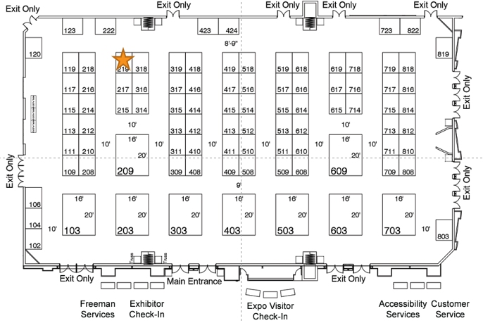 Floor plan shows UsableNet booth placement towards the back left of the exhibit floor